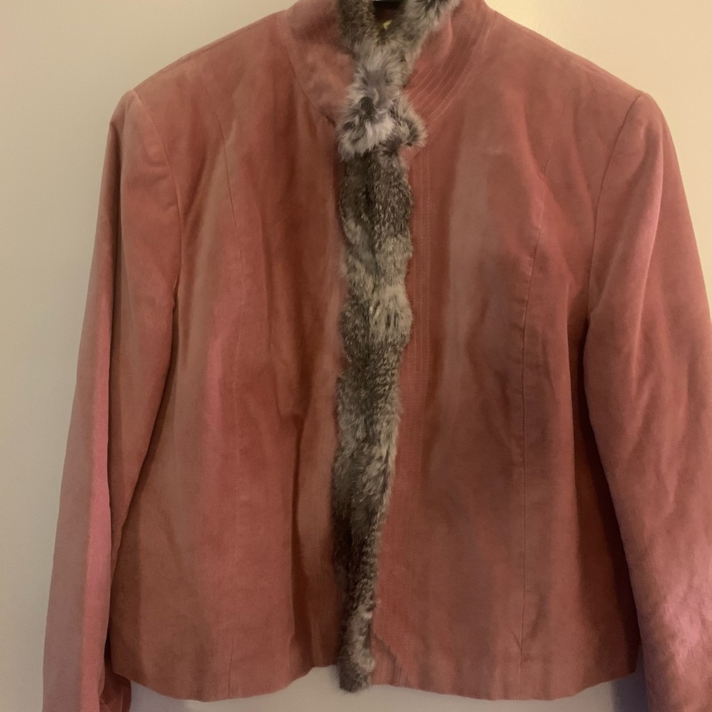 Elegant Suede Pink Fur Trim Jacket
